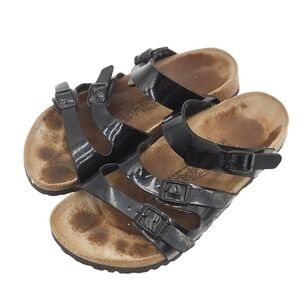 Birki's Florida Women's US 6 EU 37 Black Patent Triple Strap Slide Sandals Cork